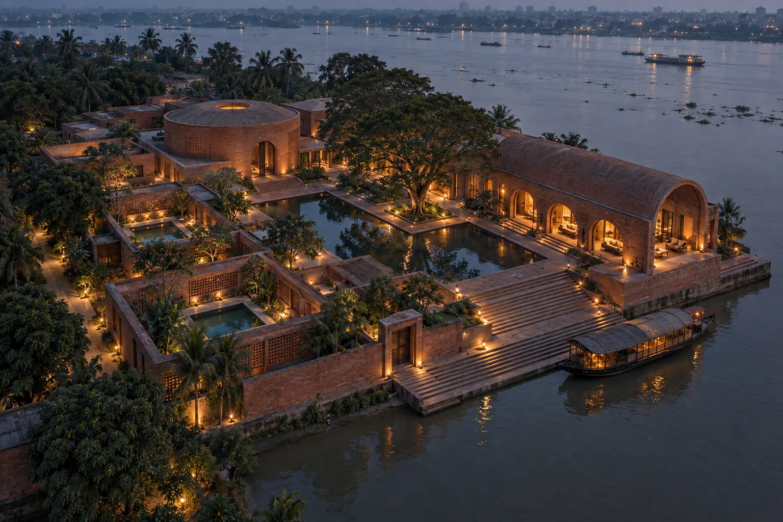 House One from above at dusk: brick pavilions on a raised plinth by the river, the courtyard pool and its great tree, the round room, the long hall, four walled garden rooms and the ghat.