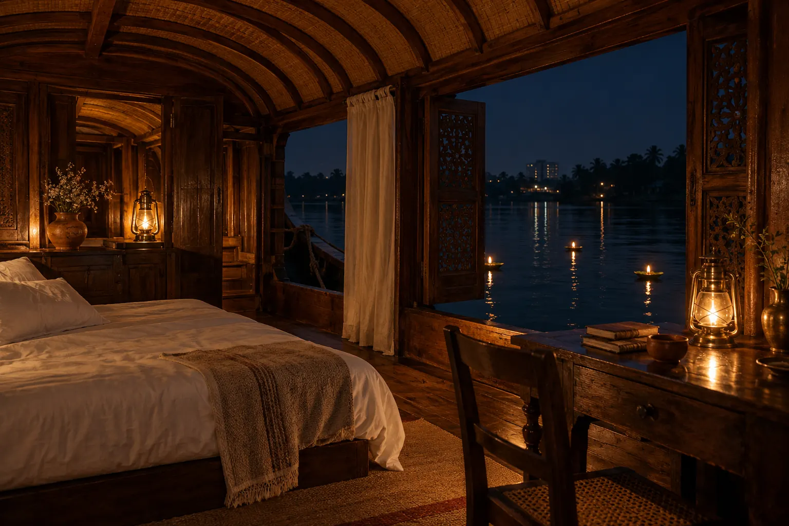 The cabin of the Bajra houseboat at night: curved wooden ribs overhead, a bed in white linen, lanterns, and carved windows open to the river.