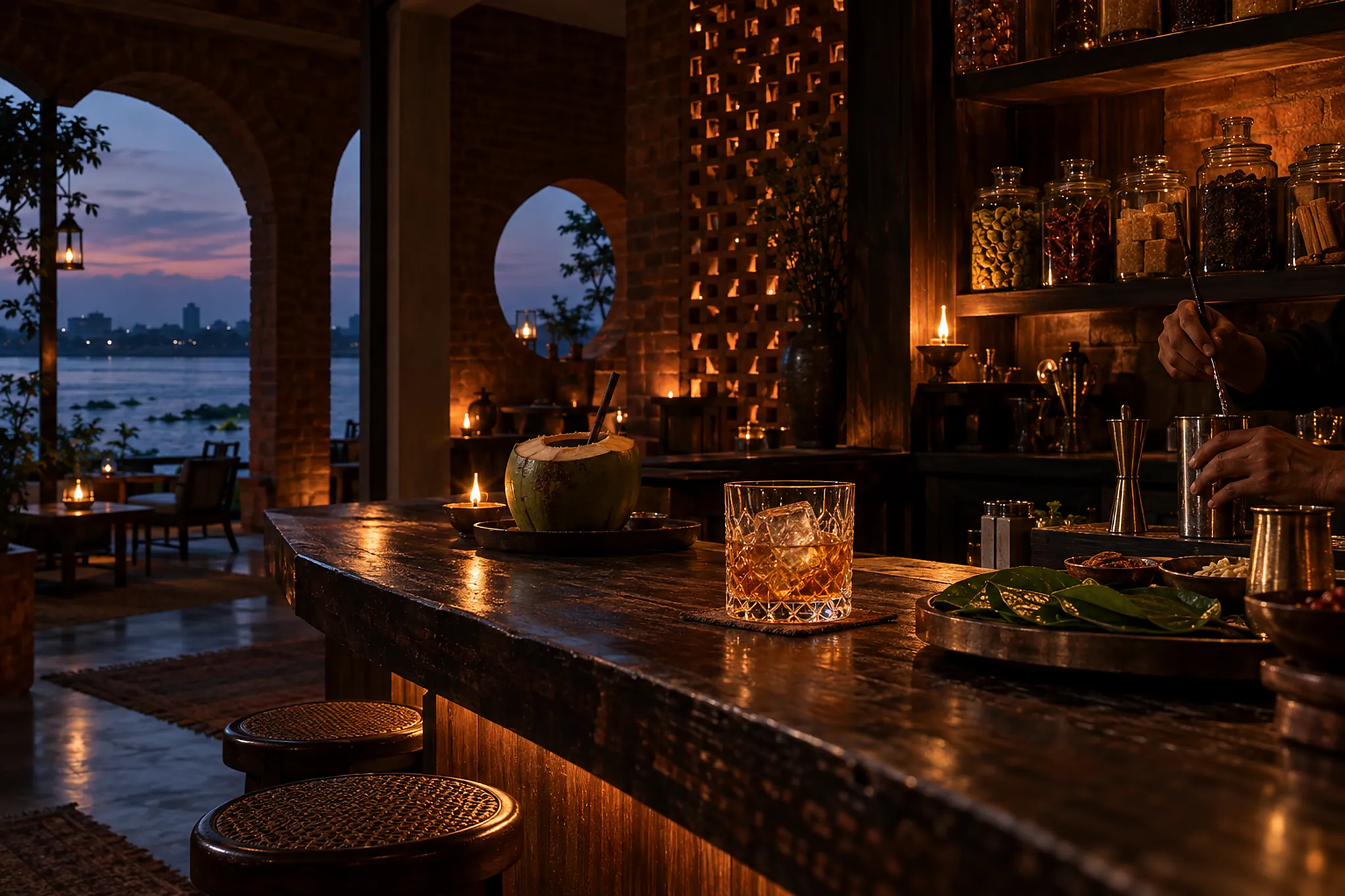 The bar at dusk: a cut-glass tumbler over a single block of ice on a dark teak counter, a green coconut and betel leaves, and the river through brick arches.