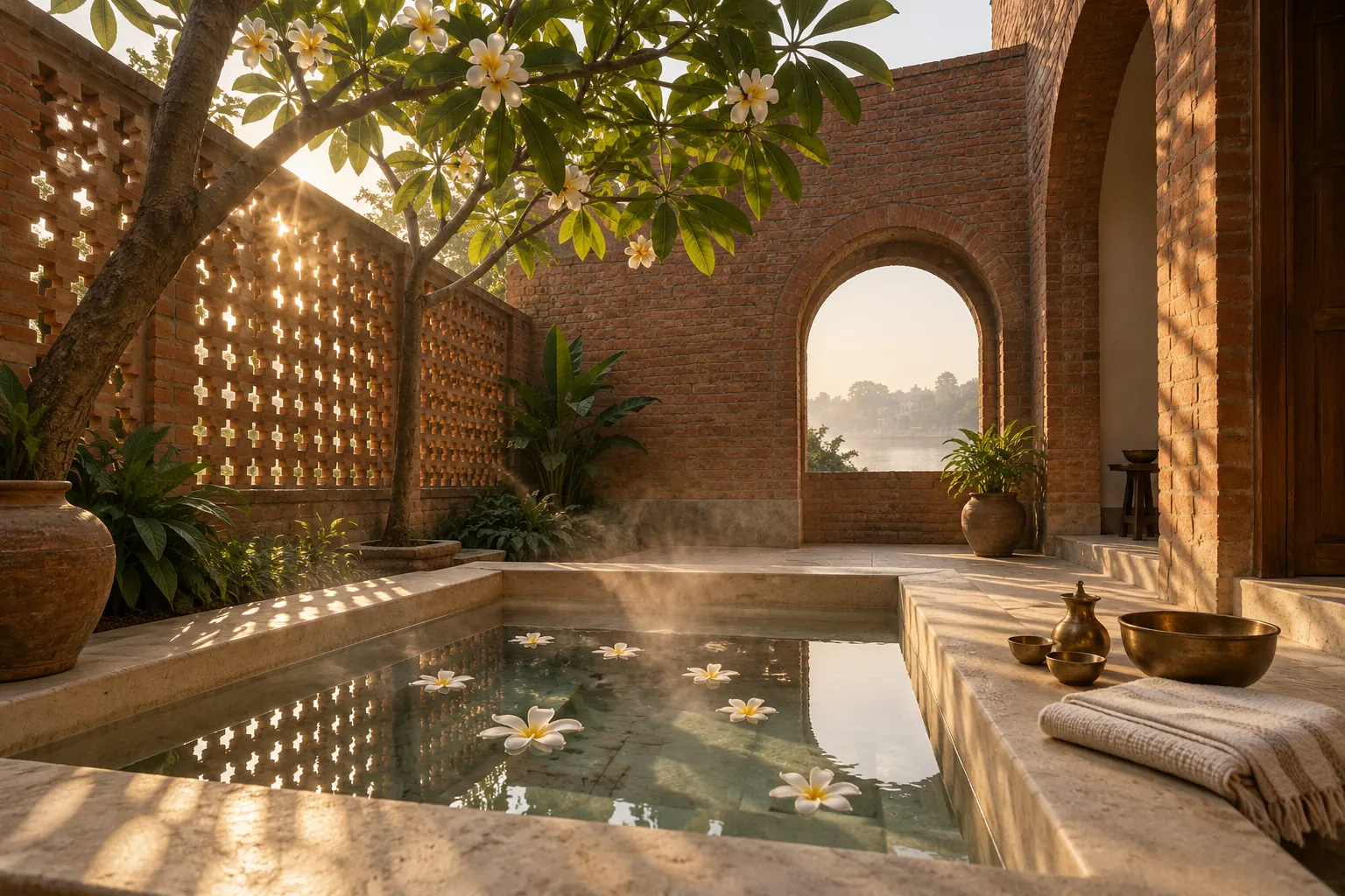 A sunken stone bathing tank in a small walled brick courtyard at sunrise, frangipani flowers floating on the water.