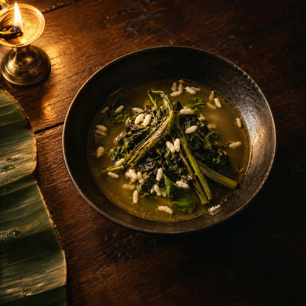 Charred water spinach in a black bowl of clear golden broth, scattered with puffed rice.