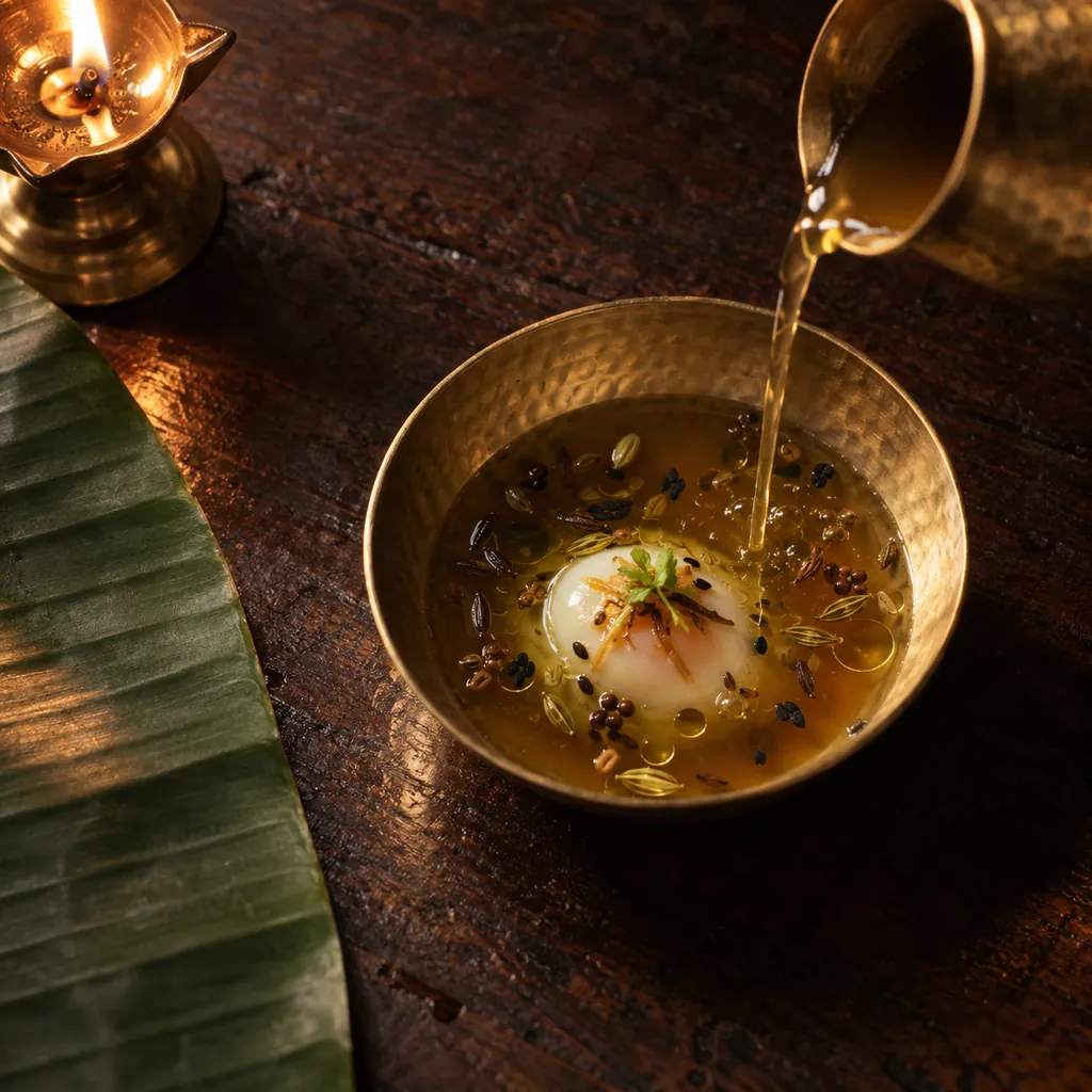 Amber lentil consommé poured from a tiny brass pot over a poached quail egg, with five-spice oil on top.