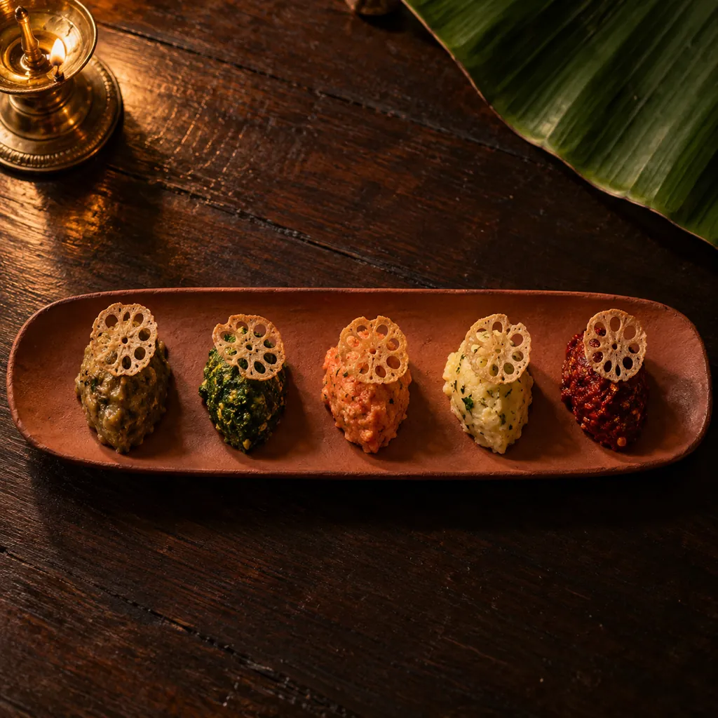 Five small quenelles of mashes in five colours on a slim terracotta board, each topped with a lotus-root crisp.