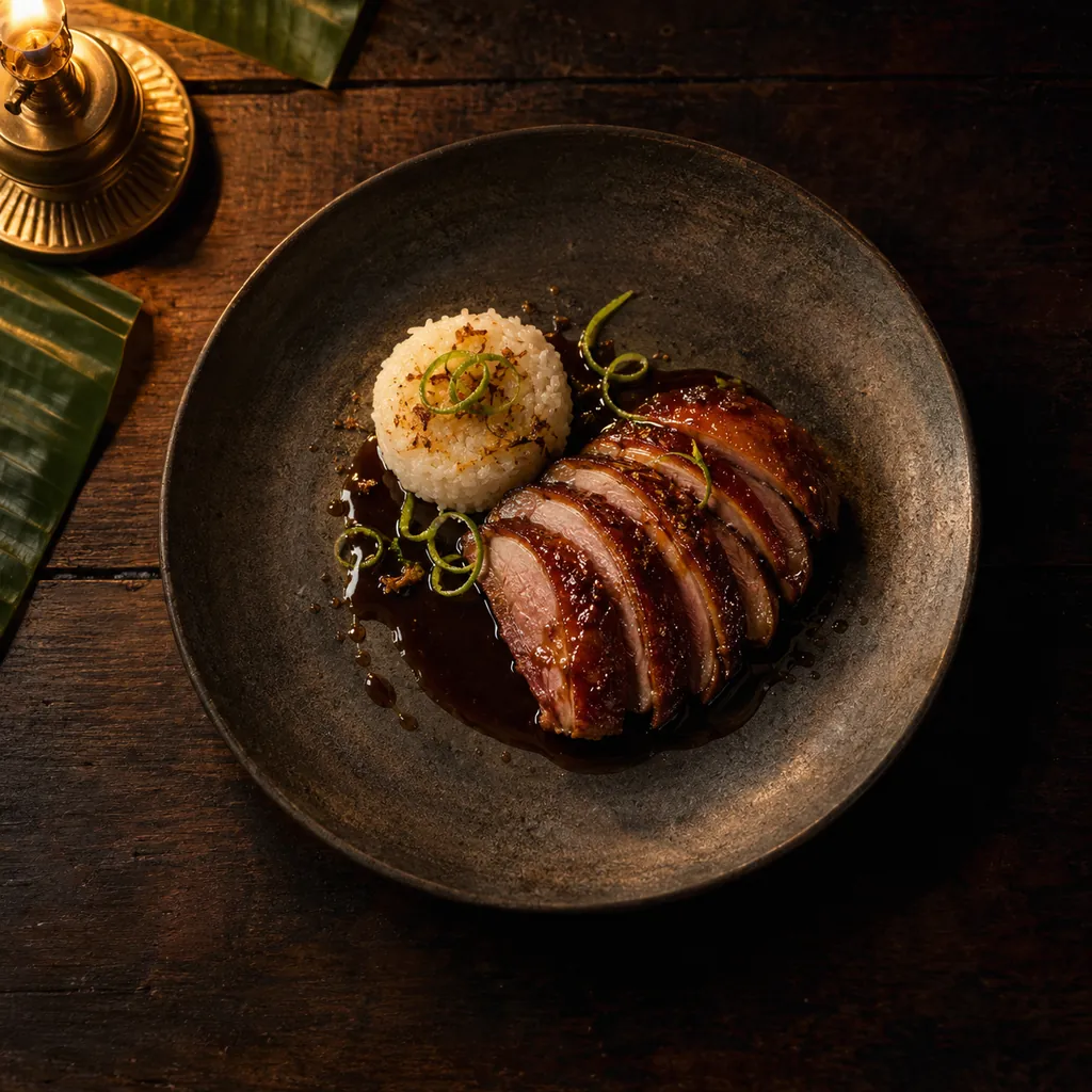 Slices of lacquered roast duck fanned on a dark plate, with a steamed rice cake, a pool of black jus and curls of green citrus peel.