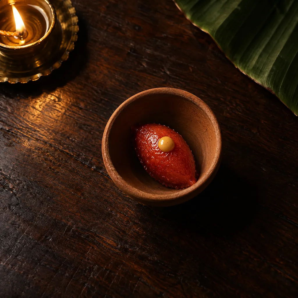 A quenelle of deep red tomato and date sorbet in a small clay cup, with one drop of mustard.