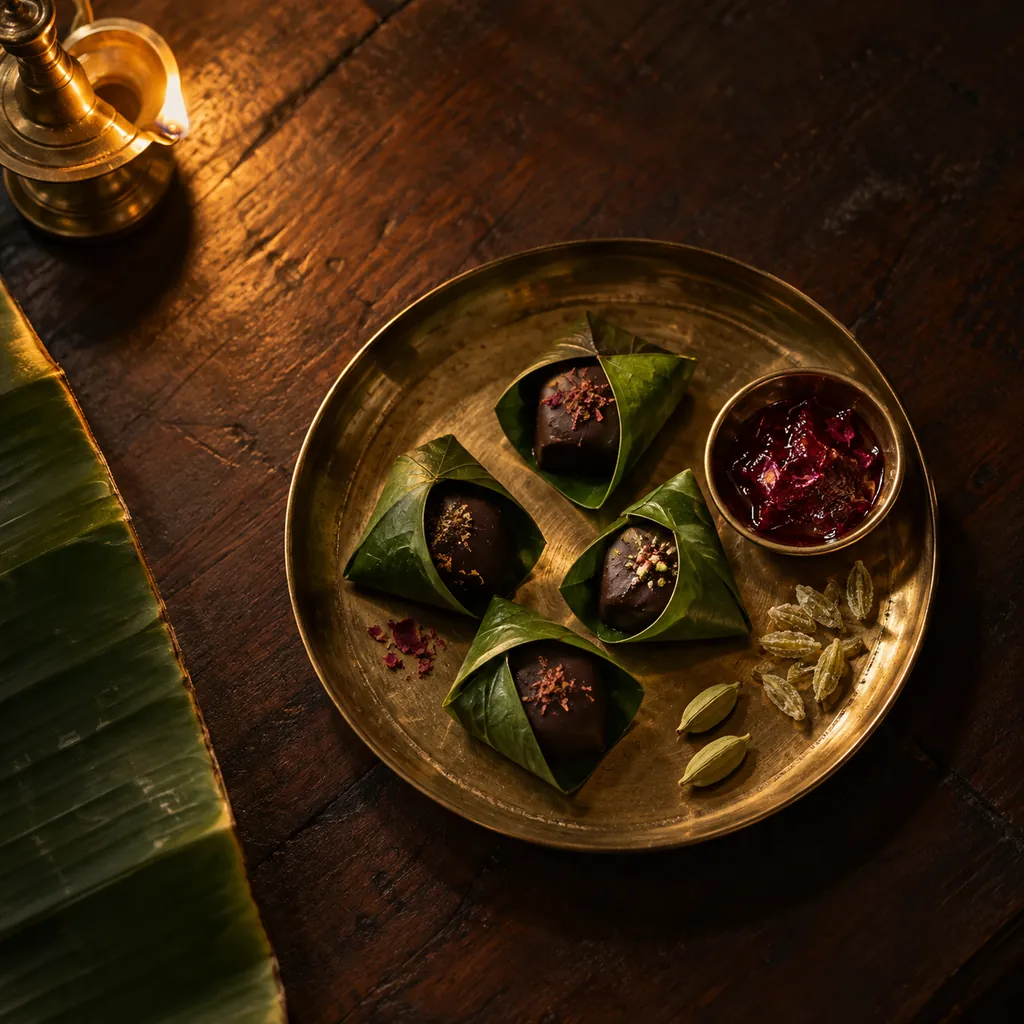 Dark chocolate bonbons wrapped in betel leaves on a small brass tray, with sugared fennel, rose-petal jam and cardamom.