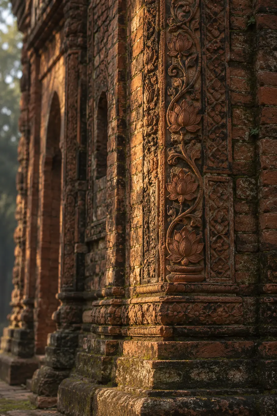 The wall of an old brick temple carved with terracotta lotuses and vines, in low afternoon sun.