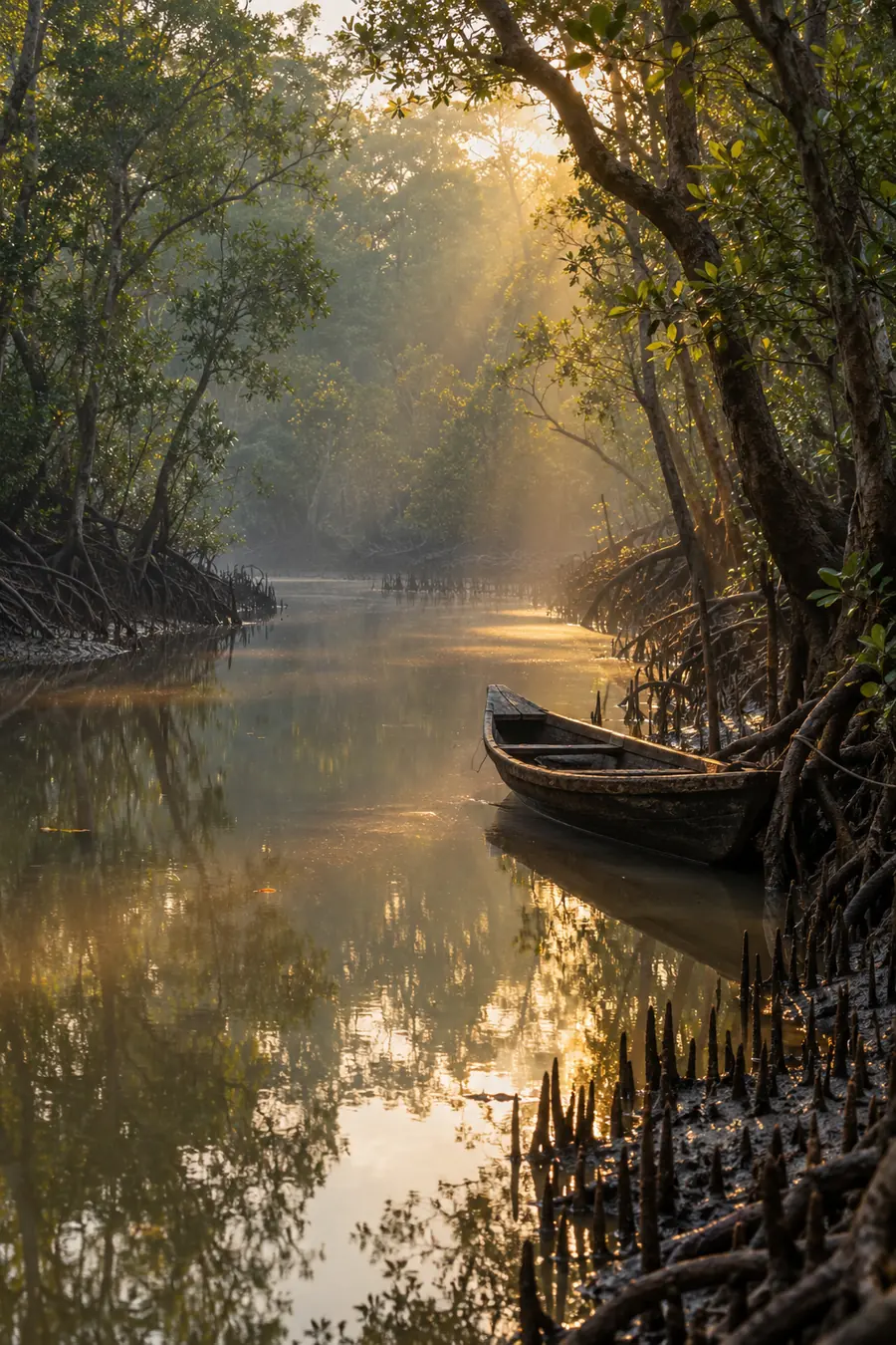 A tidal creek in the Sundarbans after sunrise, light falling through the mangroves onto an empty wooden boat.
