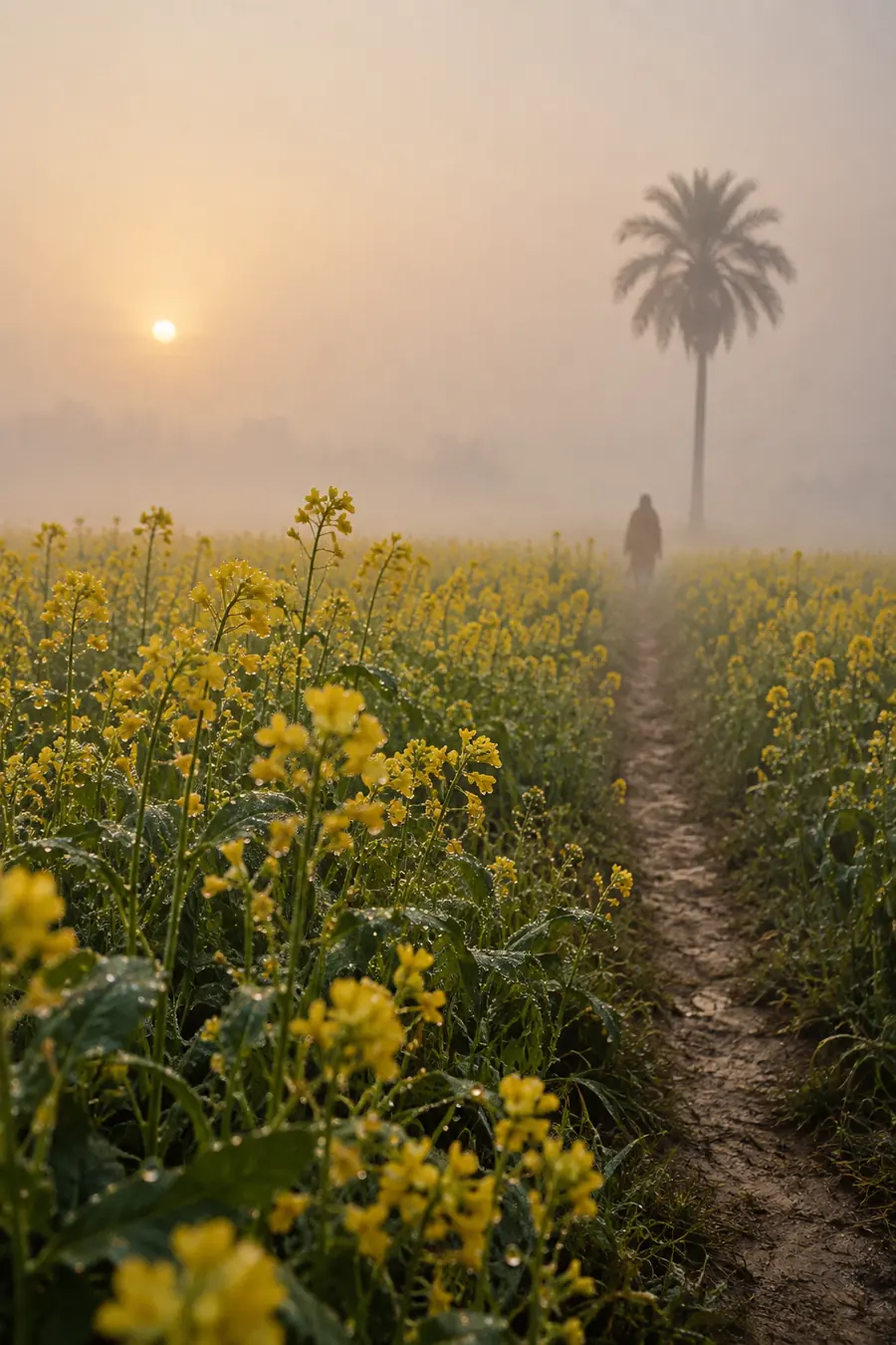 A mustard field in full bloom at first light, a path running into the fog toward a lone date palm and a figure in a shawl.