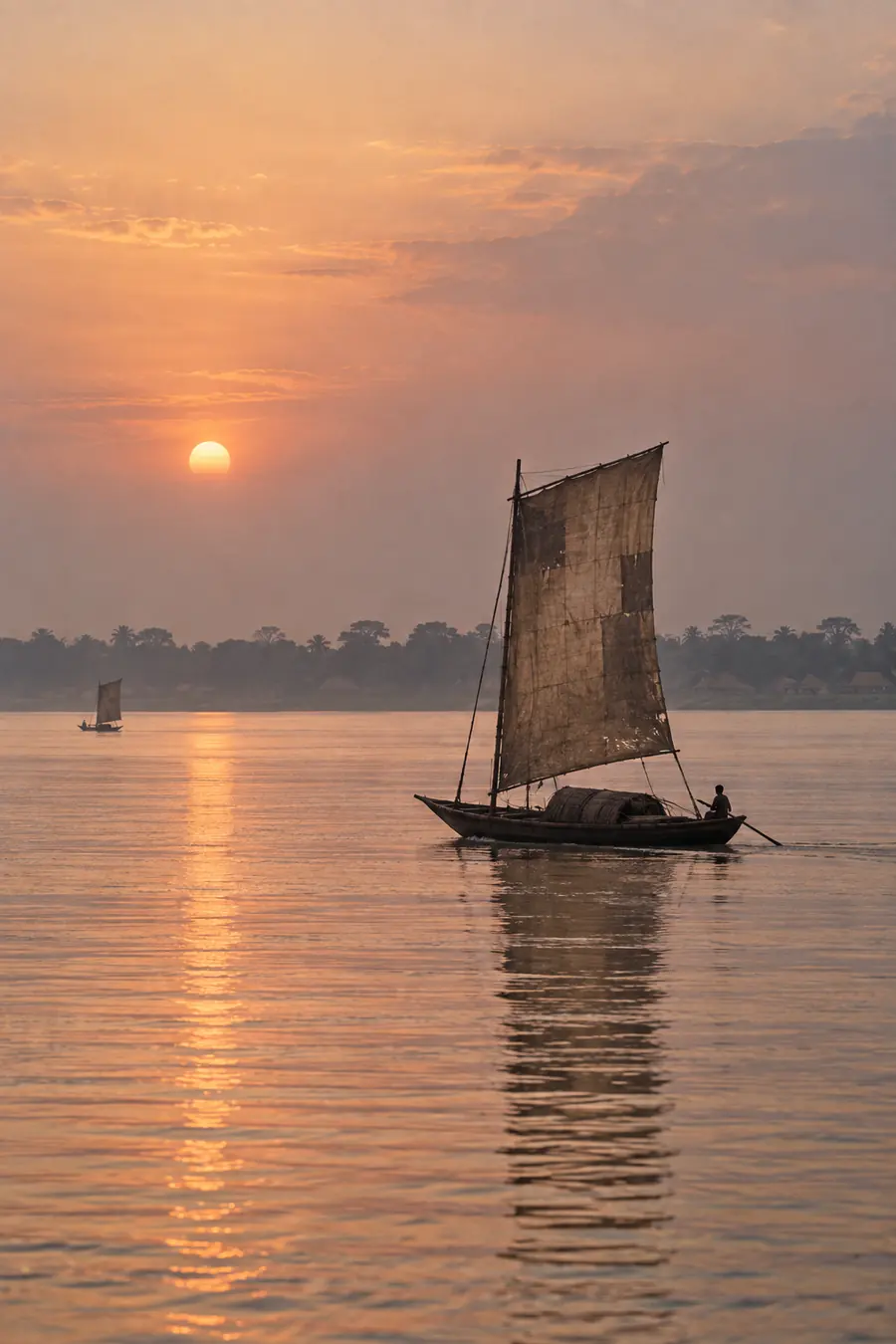 A wooden country boat with a patched square sail on the wide Padma at dusk, a second boat far off.