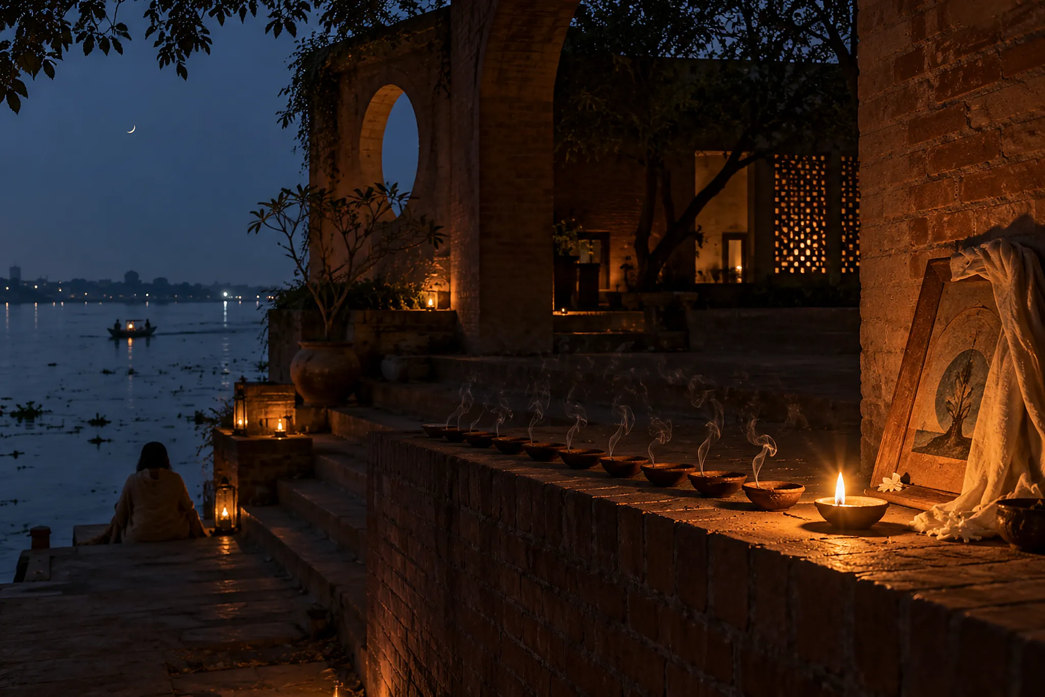 Late at night on the river steps: a row of clay lamps along a brick ledge, all but one gone out, thin smoke rising, a covered artwork leaning against the wall.