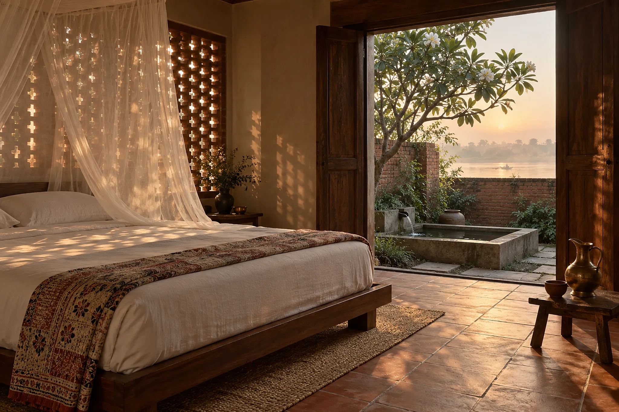 A garden room at first light: a low teak bed under a muslin canopy, lime walls, light through a brick jaali, and doors open to a walled garden with a bathing tank.
